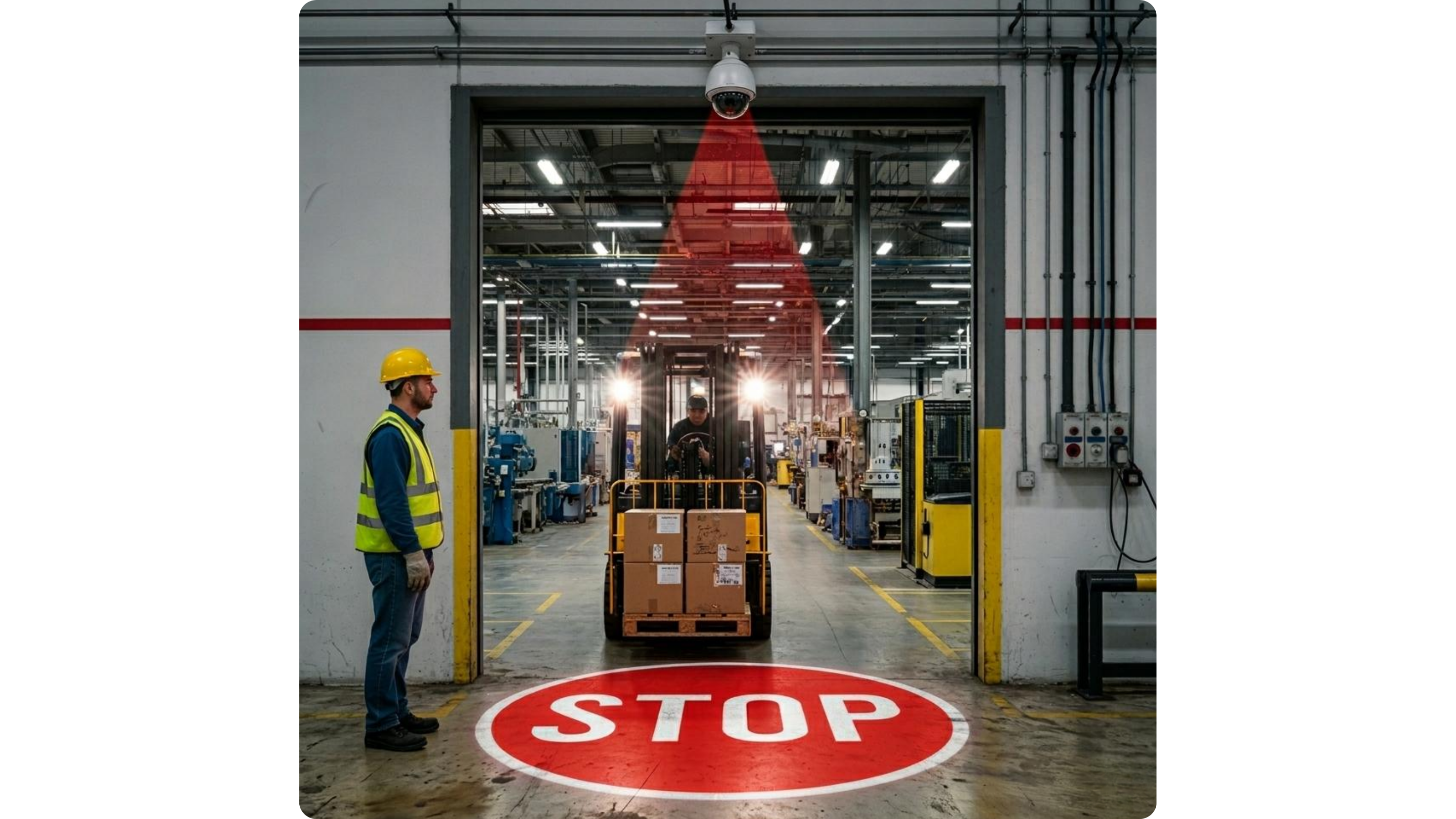 Forklift geçişinde stop hologramı ve kırmızı uyarı alanı