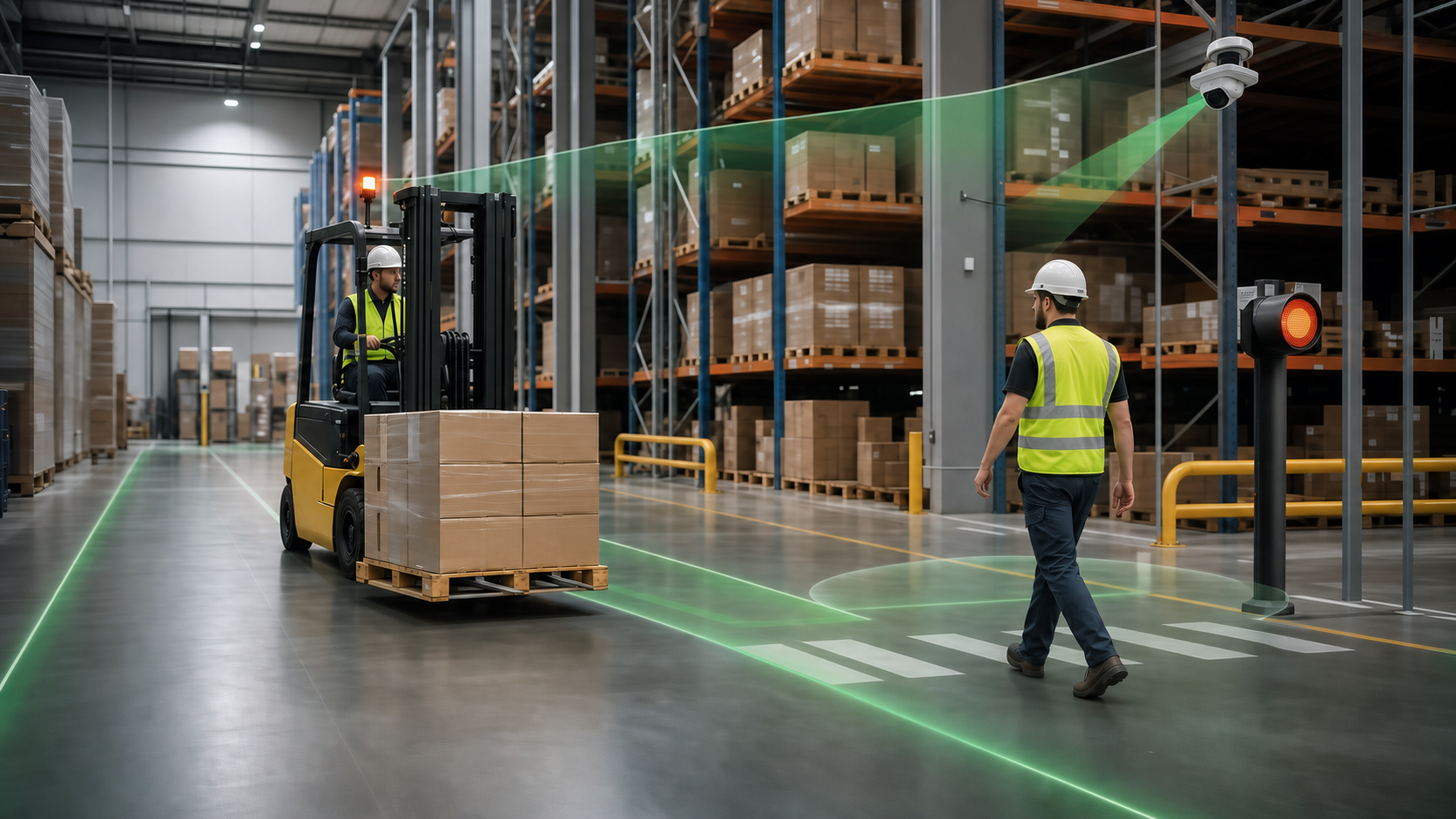 Forklift ve yaya bölgesinde kamera, UWB ve aktif ikaz sistemi