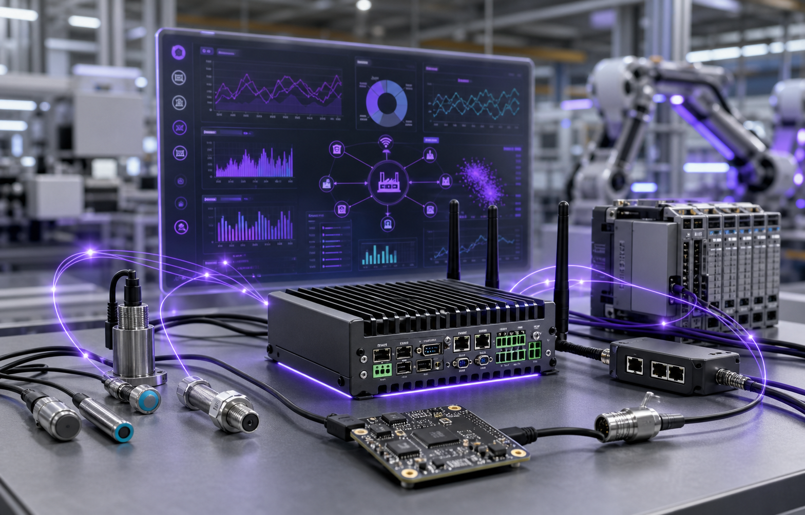 Endüstriyel IoT sensörleri, edge gateway, PCB ve dashboard haberleşme yapısı